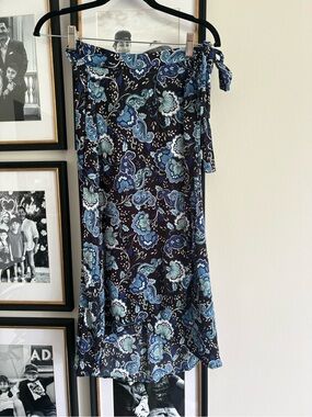 LOFT Blue and Black Paisley Wrap Skirt